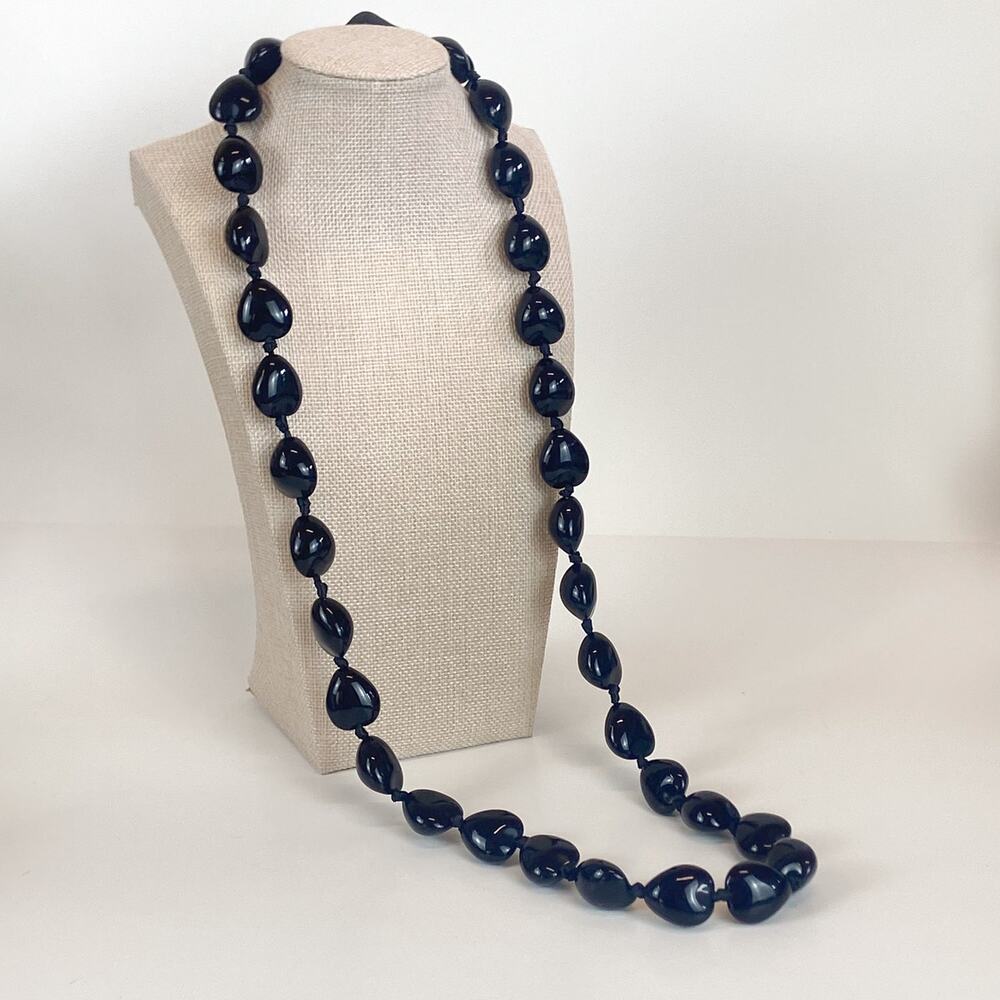 Hand Knotted Black Ribbon Tie Beaded Necklace